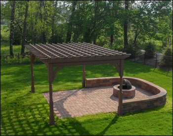 10 x 16 Treated Pine Deluxe 4-Beam Pergola shown with No Deck, Decorative Posts, Cabin Brown Stain, Stainless Steel Hardware, and 12" Top Runner Spacing. 