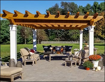 12 x 16 Rustic Solace Pergola shown with Clear Stain/Sealer, Stainless Steel Hardware, 16" Top Runner Spacing, and Customer Supplied Lighting Kit.