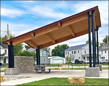 30 x 30 Lam-Wood Long Island Wave Bandshell shown with Powder Coated Tube Steel Quad Columns and 26 Gauge Exposed Fastener Metal Roofing (Side View)