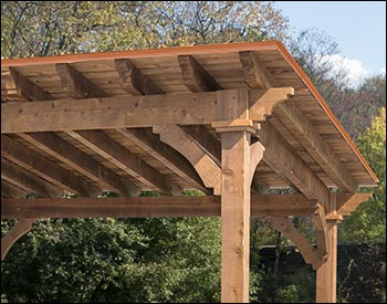  12 x 16 Rustic Santa Barbara Pergola shown with Clear Stain/Sealer and Copper Metal Roof.