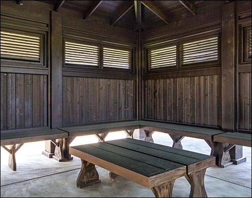 Custom 21’ x 21’ Cedar Marquee Shelter with Customer-Supplied Stain and Custom Benches