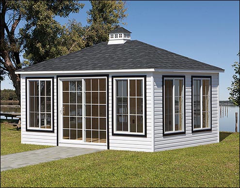 Custom 12 x 16 Rectangular Vinyl Sunroom with a hip roof, 9 large horizontal-sliding windows, custom 6 wide sliding glass double door, White Vinyl Siding, Rustic Black Asphalt Shingles, and a custom Cupola.