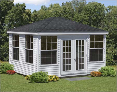 10x14 Vinyl Rectangular Cabana with 72" 15-Lite Steel Insulated French Doors, Rustic Black Asphalt Shingles, and custom 40x60 windows.