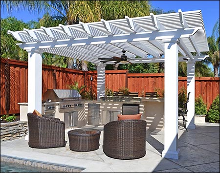 16' x 16' Fiberglass Vintage Classic Pergola shown with 3" Top Runner Spacing and Customer Supplied Fan and Furniture.